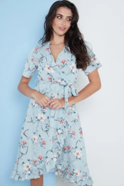 Lilura London Floral Frill Midi Wrap Dress In Blue -Yumi Clothing Shop lfNO8cC6 15707