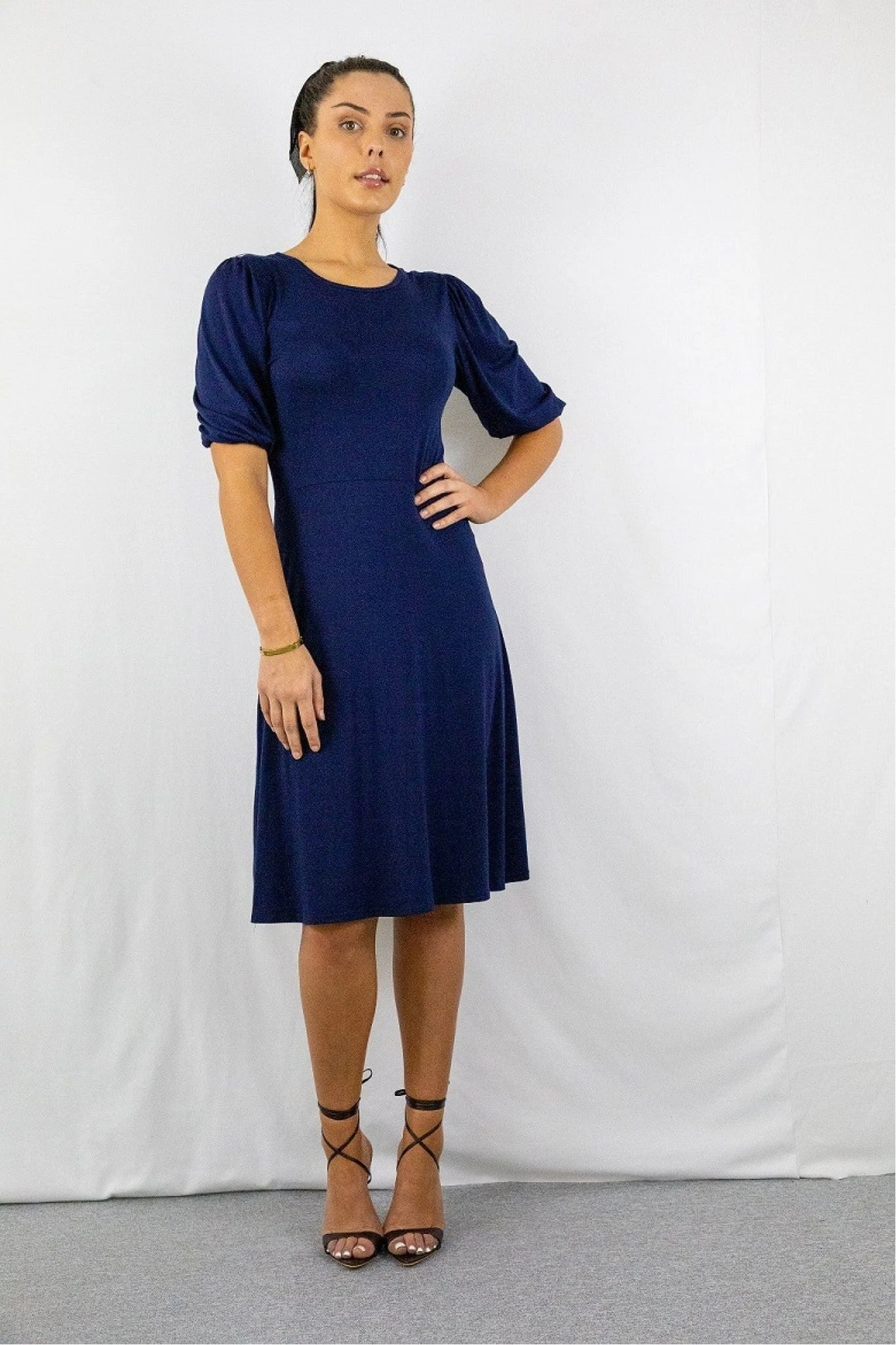 Signage Navy Round Neck Puff Sleeve Midi Dress 4 Signage Navy Round Neck Puff Sleeve Midi Dress - Image 4