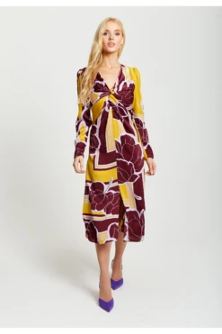 Liquorish Geometric Floral Print Knotted Midi Dress