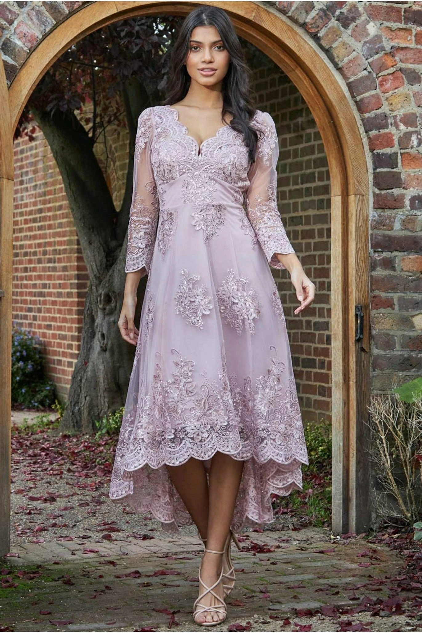 Goddiva Scalloped Lace High Low Midi Dress - Blush 1 Goddiva Scalloped Lace High Low Midi Dress - Blush
