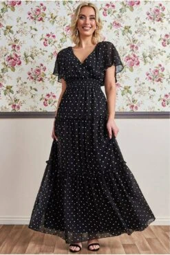 Goddiva Polka Dot Tiered Chiffon Maxi Dress - Black -Yumi Clothing Shop mZ8H35wl 9174