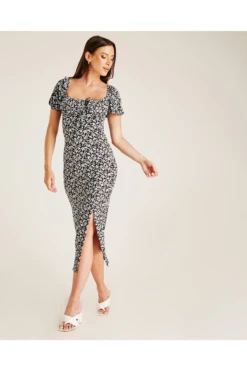 Dusty Pink Flower Printed Square Neck Dress