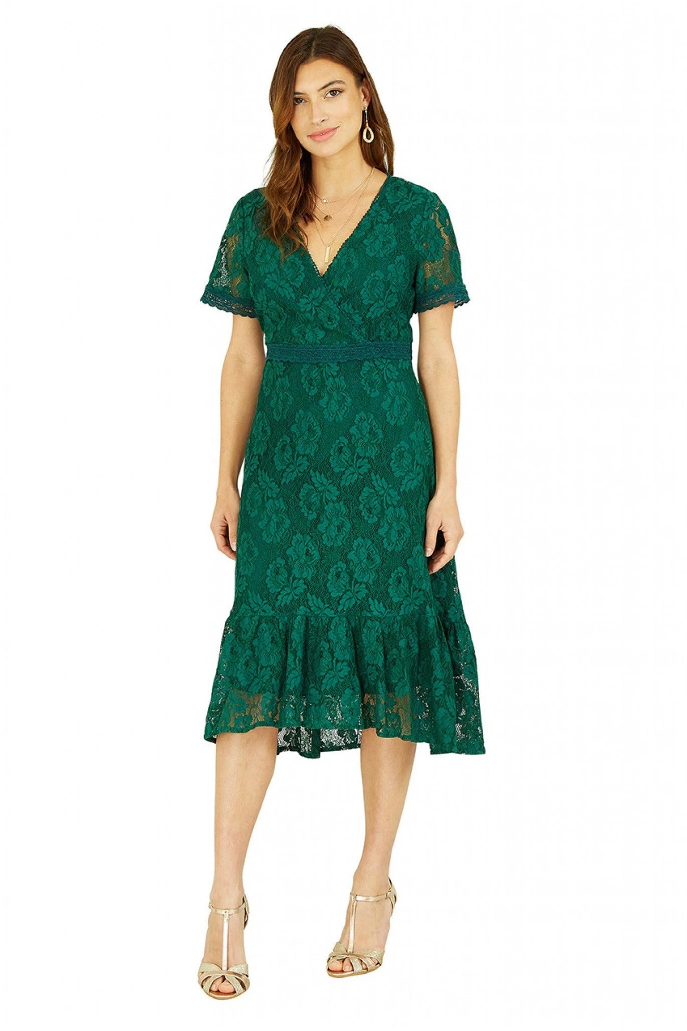 Yumi Green Lace Skater Midi Dress With Ruffle Hem 4 Yumi Green Lace Skater Midi Dress With Ruffle Hem - Image 4