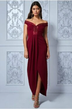 Goddiva Off The Shoulder Tulip Maxi Dress - Wine -Yumi Clothing Shop mqct1iXZ 6160