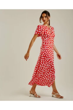 Dusty Pink Daisy Print Chiffon Front Slit Dress | Red -Yumi Clothing Shop mrJstn6C 11581