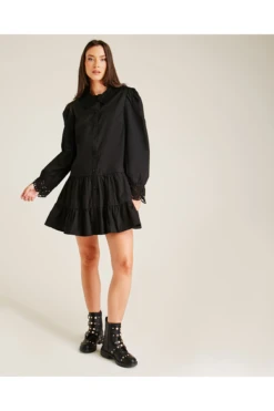 Dusty Pink Broderie Trim Smock Mini Dress | Black