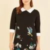 Yumi Bird And Floral Embroidered Knitted Peter Pan Dress