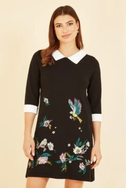 Yumi Bird And Floral Embroidered Knitted Peter Pan Dress