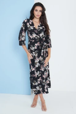 Lilura London Midi Wrap Dress In Black Floral Print -Yumi Clothing Shop nTaMdYda 15704
