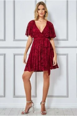 Goddiva Lace Kimono Wrap Skater Mini Dress - Berry -Yumi Clothing Shop nblOuWa9 10498