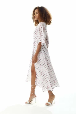 Liquorish Pink Floral Polka Dot Print Midi Wrap Dress White -Yumi Clothing Shop njcOvHCW 10436