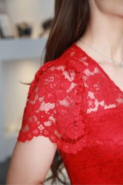 Double Second Red Lace Tea Sleeve Dress -Yumi Clothing Shop o8zyeIGg 14742