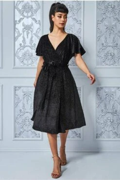 Goddiva Sparkle Wrap Style Flutter Sleeve Midi Dress - Black -Yumi Clothing Shop oAwxKndQ 6398