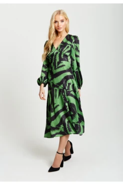 Liquorish Zebra Print Midi Dress In Green And Black