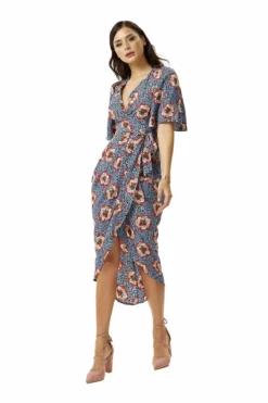 Liquorish Divine Grace Midi Wrap Dress Floral Leopard Print