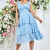 Goddiva Tiered Chiffon Midi Dress - Powder Blue