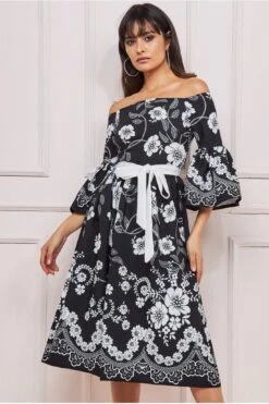 Goddiva Printed Off The Shoulder Midi Dress - Black -Yumi Clothing Shop qEGJ0iC2 11617