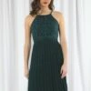 Double Second Green Halter Neck Pleated Lace Dress