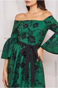 Goddiva Printed Off The Shoulder Midi Dress - Emerald Green -Yumi Clothing Shop qkSh1ZDb 11619