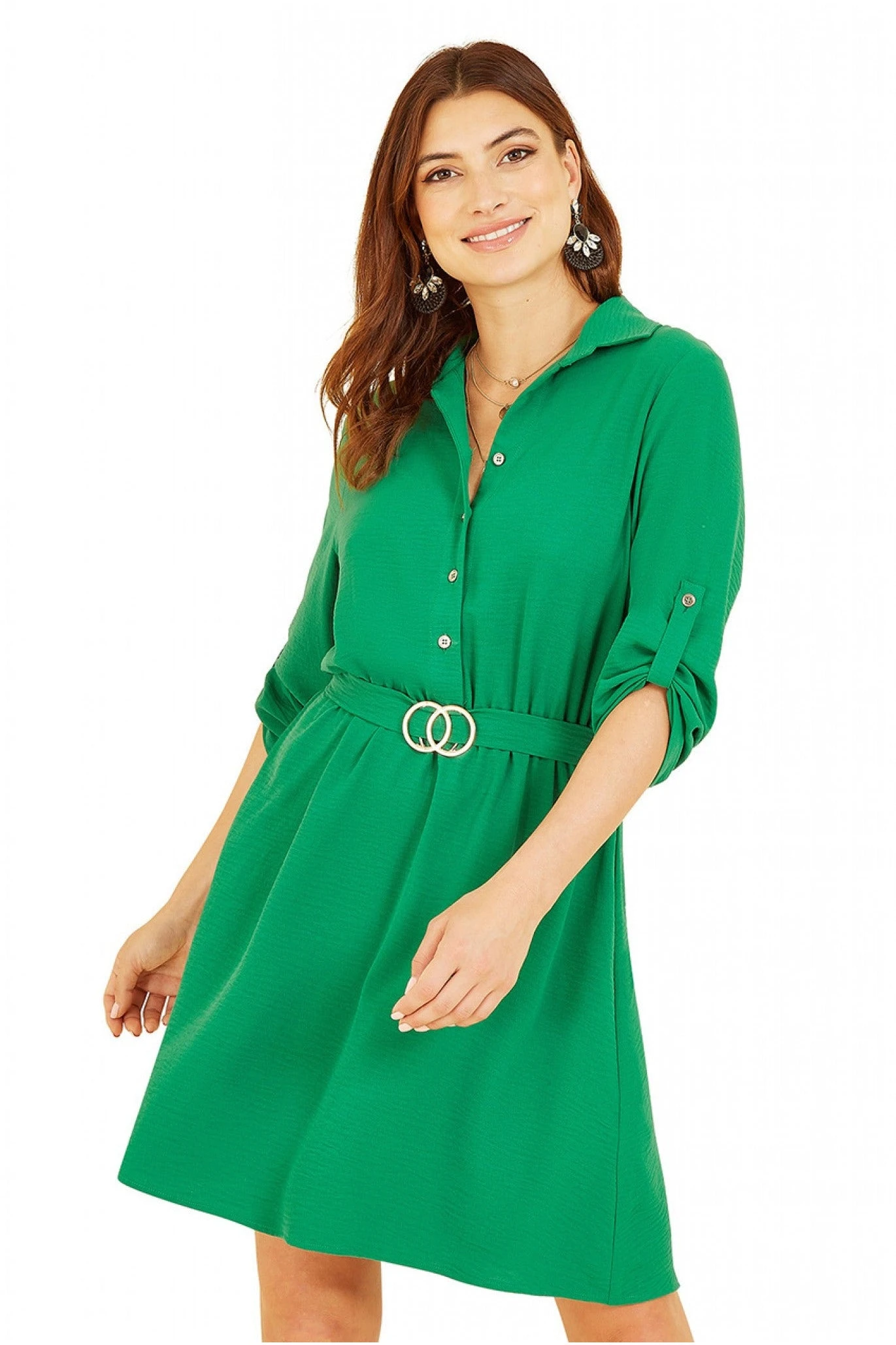 Mela London Green Belted Shirt Dress With Gold Buckle 2 Mela London Green Belted Shirt Dress With Gold Buckle - Image 2