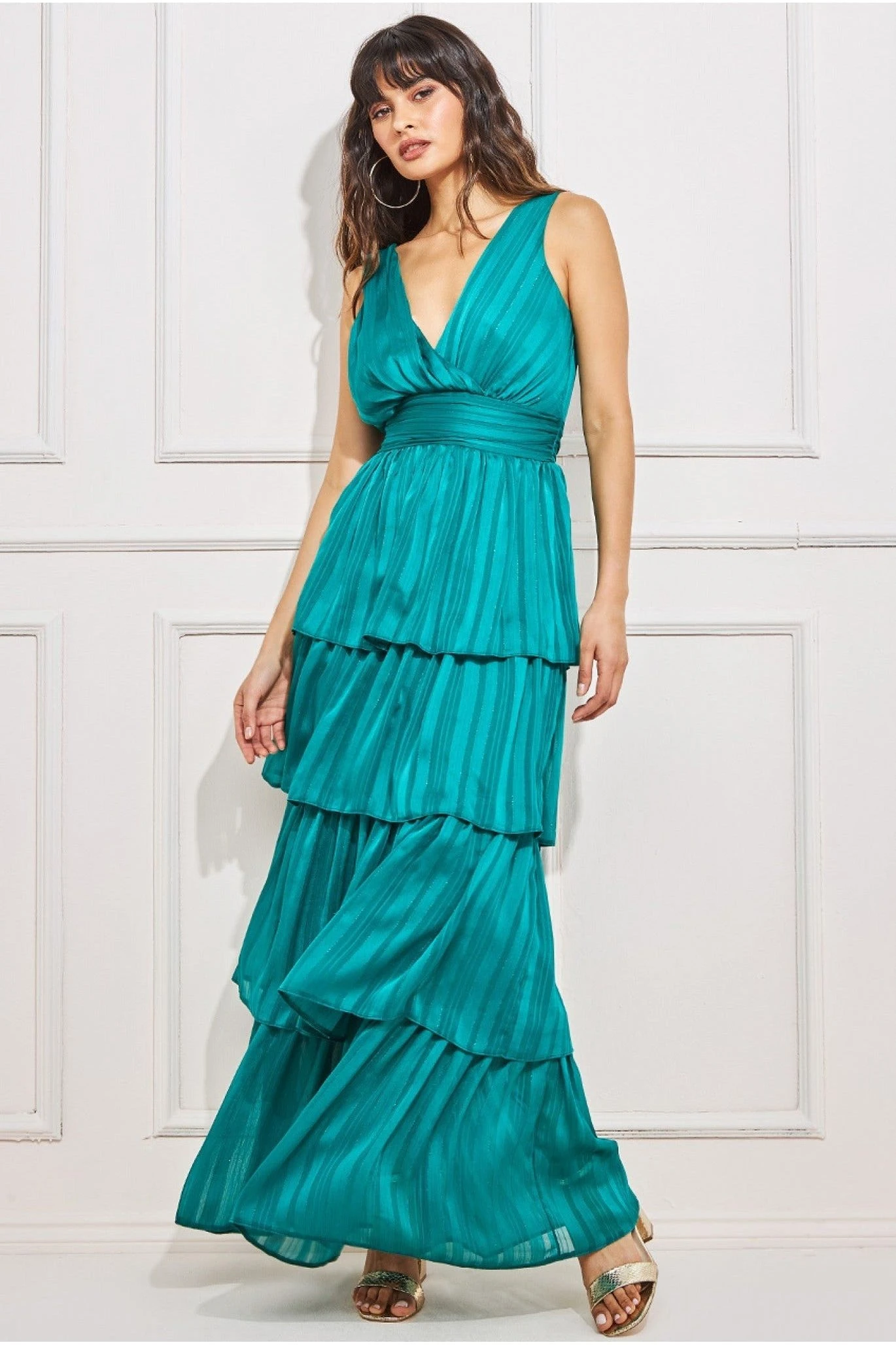 Goddiva Tiered Chiffon Maxi Dress - Emerald 2 Goddiva Tiered Chiffon Maxi Dress - Emerald - Image 2