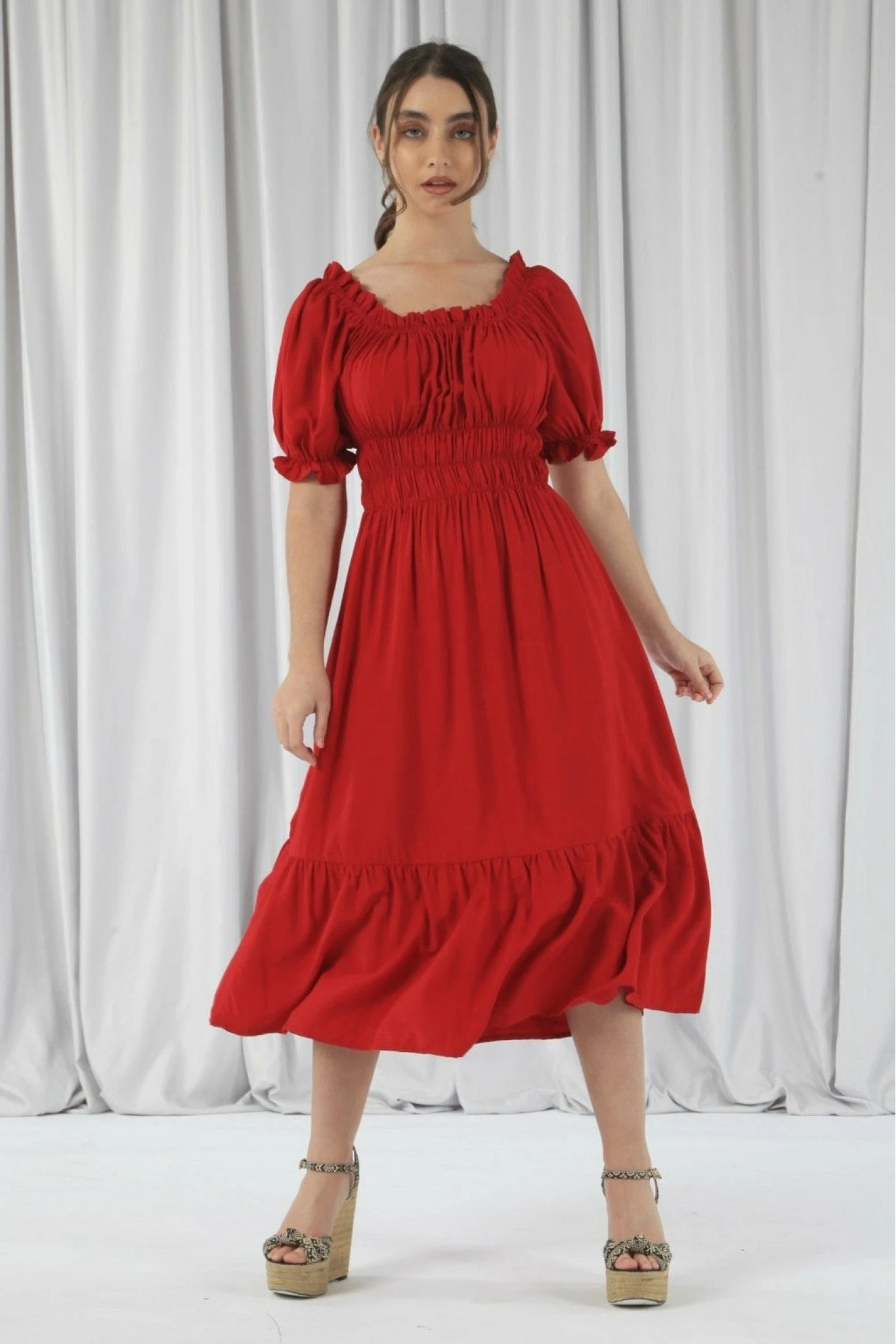 Double Second Red Bardot Midi Dress 3 Double Second Red Bardot Midi Dress - Image 3