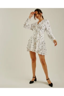 Dusty Pink Printed Polka Dot Swing Dress | White