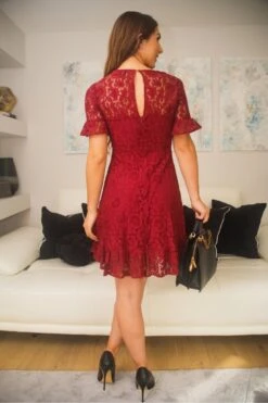 Double Second Red V-neck Lace Dress With Frilled Hem -Yumi Clothing Shop rDlTAmqW 14420