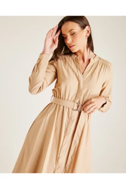 Dusty Pink Buttoned Front Belted Shirt Dress | Beige -Yumi Clothing Shop rHhFzNXZ 12061