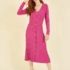 Yumi Pink Knitted Button Down Shirt Dress