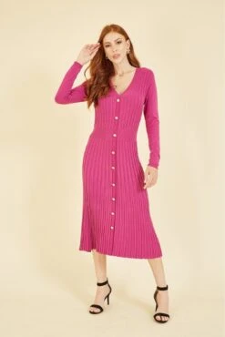 Yumi Pink Knitted Button Down Shirt Dress