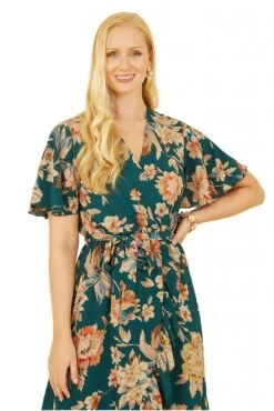 Mela London Teal Winter Floral Wrap Midi Dress -Yumi Clothing Shop rn0Kq6yM 13512