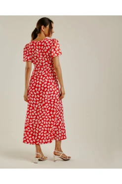 Dusty Pink Daisy Print Chiffon Front Slit Dress | Red -Yumi Clothing Shop s3paDzmT 11581