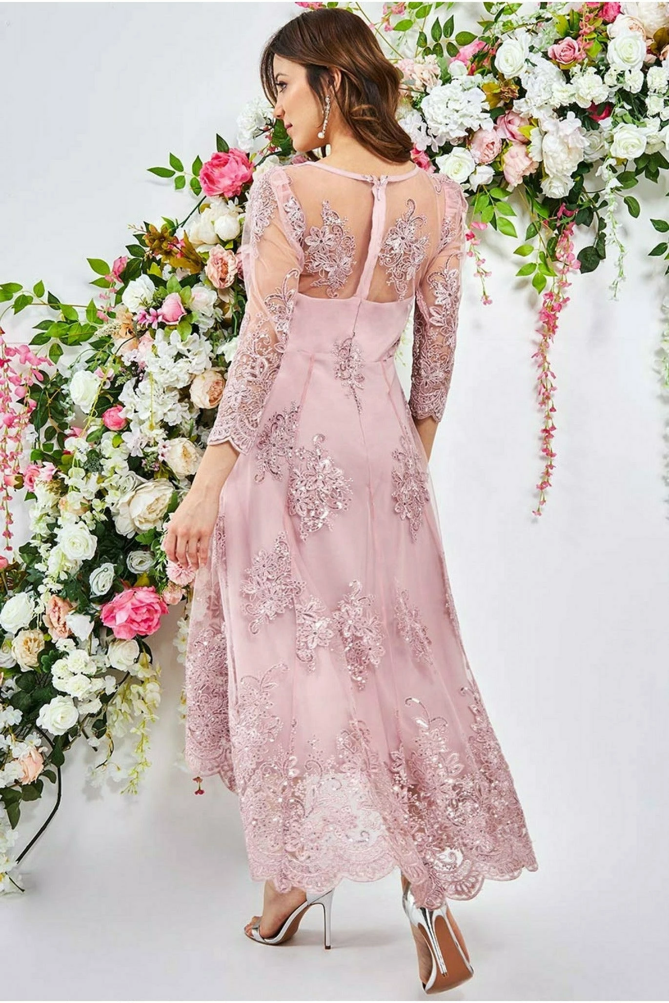 Goddiva Scalloped Lace High Low Midi Dress - Blush 2 Goddiva Scalloped Lace High Low Midi Dress - Blush - Image 2