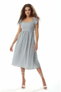 Liquorish Cut Out Back Midi Dress In Blue And Cream Gingham