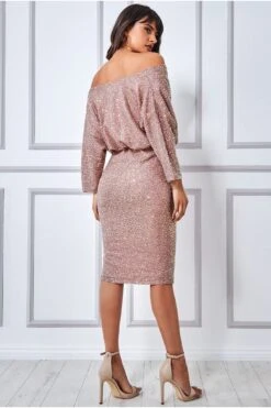 Goddiva Sequin Cowl Neck Midi Dress - Nude -Yumi Clothing Shop ssaF1H3Y 13405