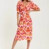 Liquorish Floral Knot Front Midi Dress In Orange And Pink