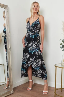 Lilura London Cami Wrap Midi Dress In Black Palm Print -Yumi Clothing Shop tZP66a3s 15694