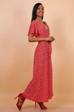 Lilura London Wrap Front Split Leg Maxi Dress Red Daisy Dot -Yumi Clothing Shop tg3UxlQR 10615