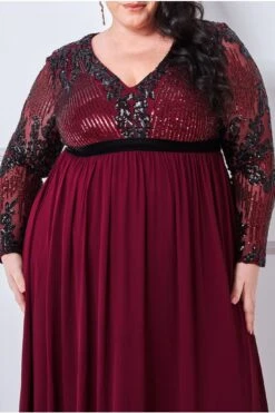 Goddiva Plus Sequin Mesh Bodice Maxi Dress - Wine -Yumi Clothing Shop uVOYJET4 13105