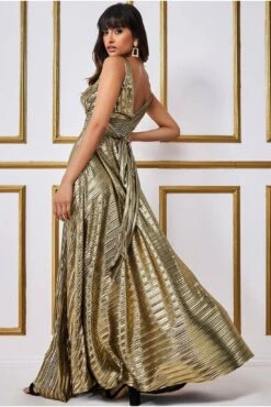 Goddiva Foil Pleated Flare Maxi Dress - Gold -Yumi Clothing Shop uXrUiHg2 12213