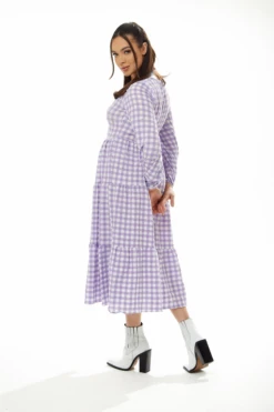 Liquorish Long Sleeves Gingham Midi Dress - Lilac White -Yumi Clothing Shop udgCvcVi 9798