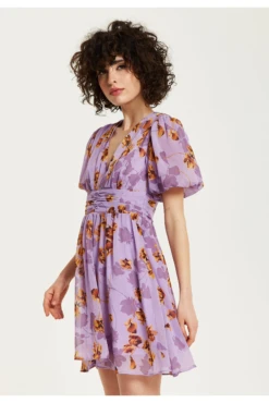 Liquorish Purple Floral V Neck Mini Dress -Yumi Clothing Shop ukpq85OG 15643