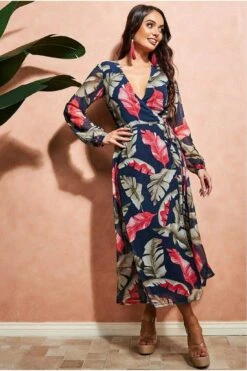 City Goddess Printed Wrap Midi Dress - Navy -Yumi Clothing Shop ut2X57TP 10742