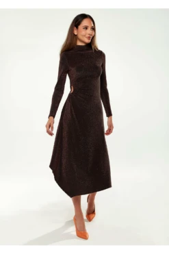 Liquorish Lurex High Neck Midi Dress In Bronze