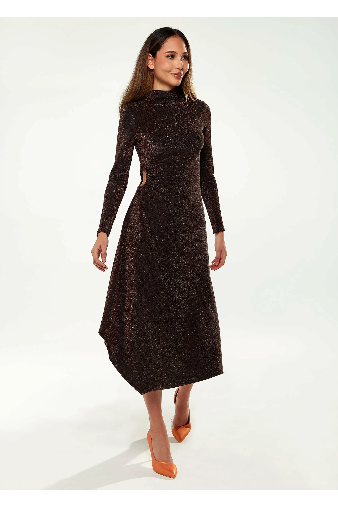 Liquorish Lurex High Neck Midi Dress In Bronze 1 Liquorish Lurex High Neck Midi Dress In Bronze