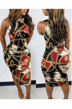 De La Creme Fashions Black Chain Scarf Print Ruched Dress