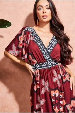 Goddiva Printed Flutter Sleeve Maxi Dress - Brown -Yumi Clothing Shop vBybxJEp 15446