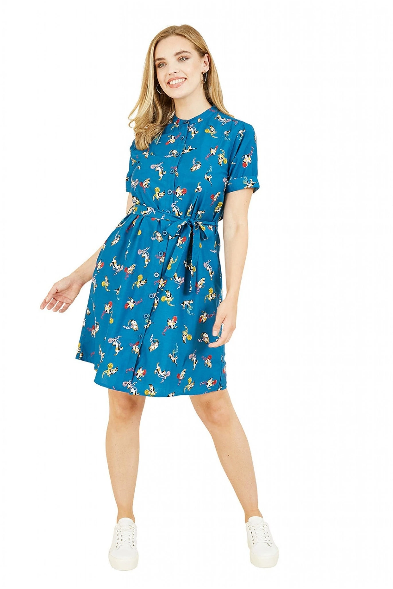 Yumi Recycled Teal Cat And Wool Print Shirt Dress 2 Yumi Recycled Teal Cat And Wool Print Shirt Dress - Image 2