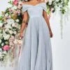Goddiva Bardot Pleated Skirt Wedding Dress - Silver